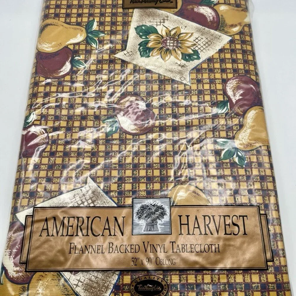 Vintage American Harvest Vinyl Tablecloth Flannel Backed 52”x90” Oblong Fall NEW